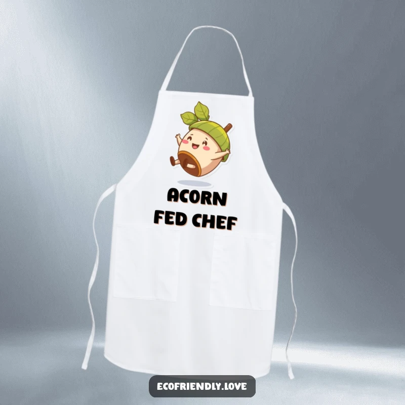Funny apron design showing a happy acorn character doing a cartwheel, wearing a leaf as a hat.