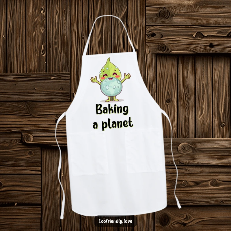 Funny leaf apron with a smiling leaf character embracing a dew-covered globe, perfect for kitchen activities with a message of planetary love.