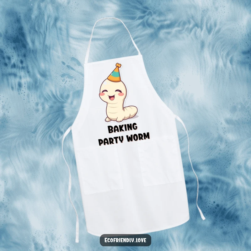 Funny kawaii worm giggling in a party hat on an apron, a humorous kitchen essential.