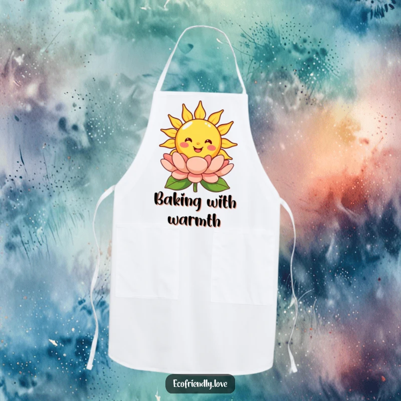 Funny smiling sun apron with a happy cartoon sun character radiating warmth onto a blooming flower, ideal for cheerful kitchen use.