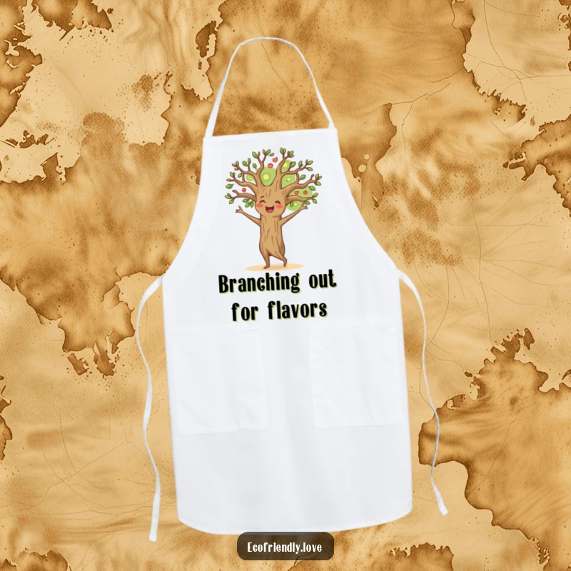 Funny happy tree apron showing a cheerful character dancing with branches outstretched, ideal for adding natural humor to kitchen tasks.