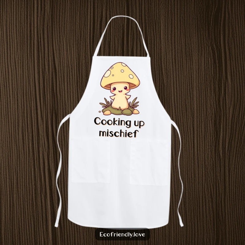 Funny Mushroom Apron featuring a mischievous character popping up from the ground, perfect for adding whimsy to cooking.