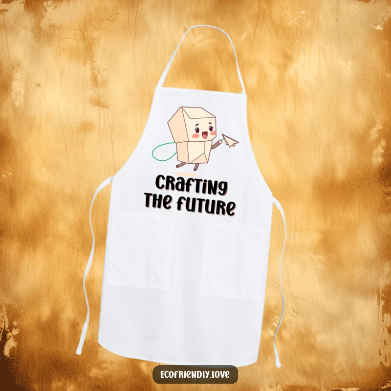 Funny recycled paper character with a green-trail paper airplane on a kitchen apron, ready for eco-friendly cooking fun.
