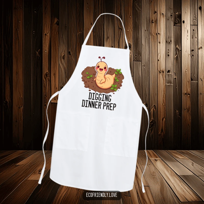 Funny apron showing a delighted earthworm wiggling through soil, perfect for humorous culinary adventures.