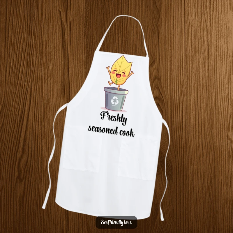 Funny leaf apron showing a cheerful leaf character joyfully leaping over a recycling bin, a funny kitchen gift.