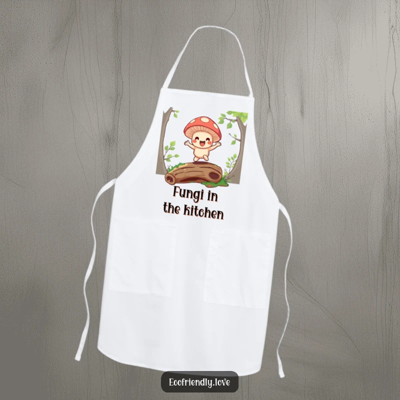 Funny apron showing a happy mushroom character bouncing on a mossy log, ideal for magical culinary experiences.