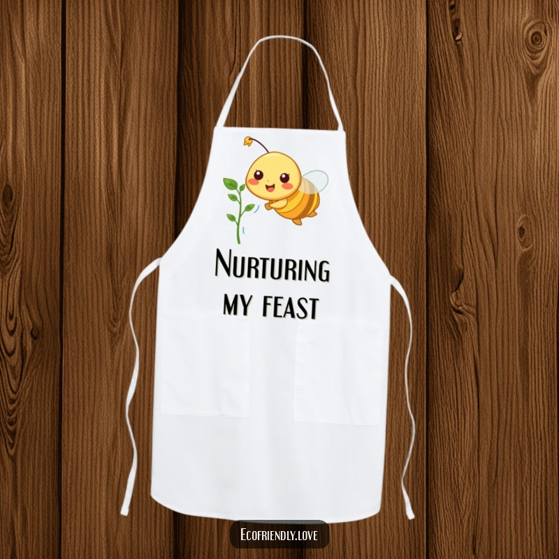 Funny apron showing a smiling bee carrying a small plant sprout while in flight, ideal for garden enthusiasts.