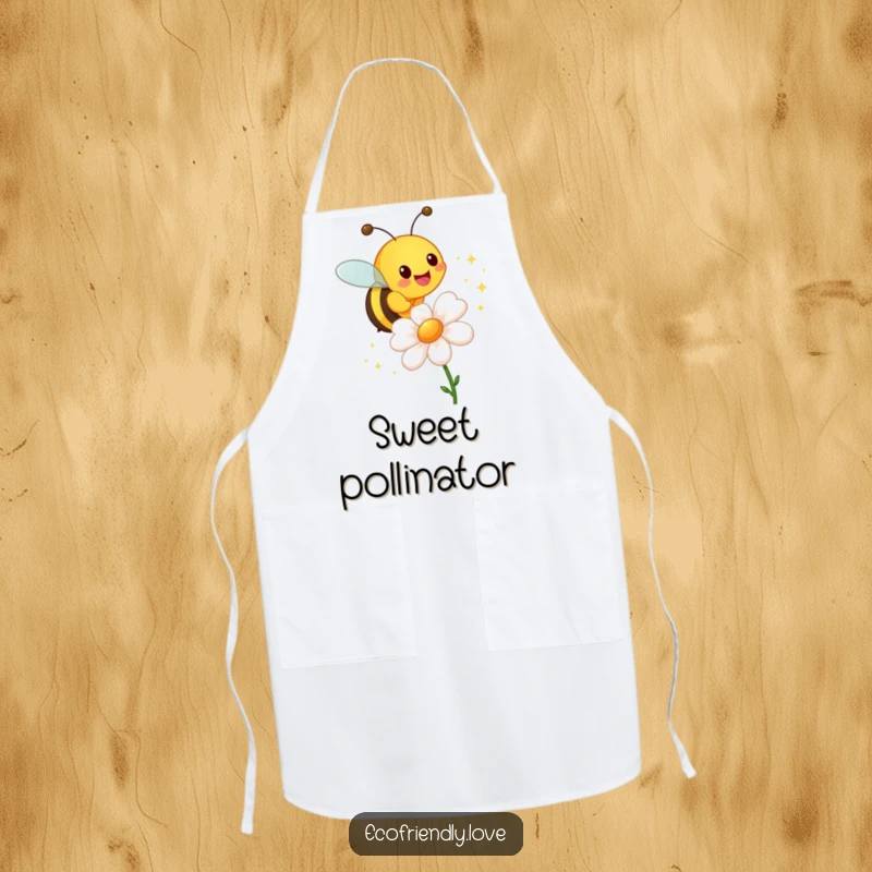 Funny apron design showing a cheerful bee buzzing around a flower, leaving a trail of shimmering sparkles.