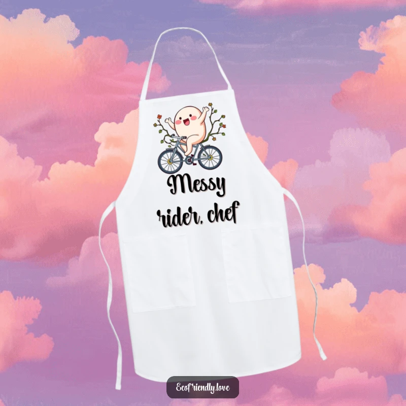 Funny apron with a blob character riding a bicycle made of vines, bringing humor to cooking and cleaning.