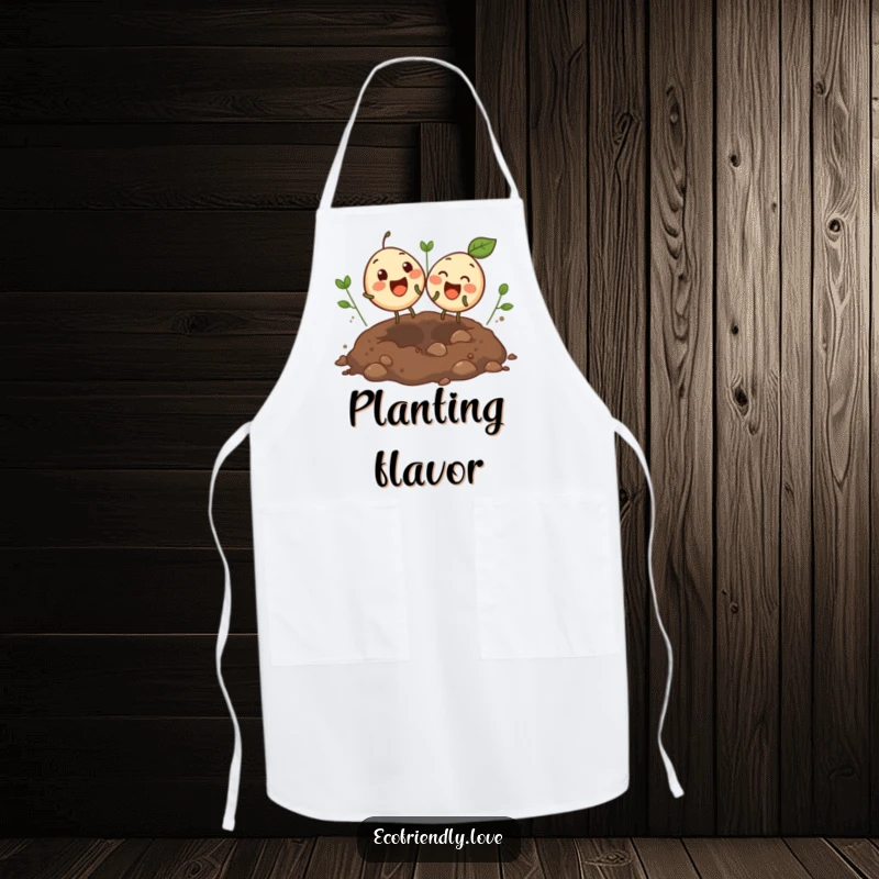 Funny apron of two round, giggling seeds bouncing excitedly in an open soil patch, perfect for kitchen gardening humor.
