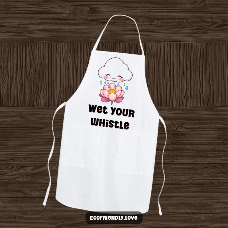 Funny apron featuring a giggling cloud character releasing gentle raindrops on a flower, a charming accessory for kitchen or garden.