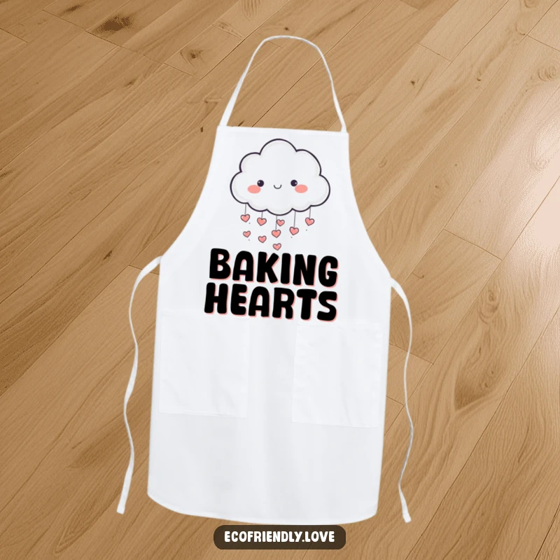 Funny apron showing a playful cloud character showering tiny hearts, perfect for spreading love while cooking.
