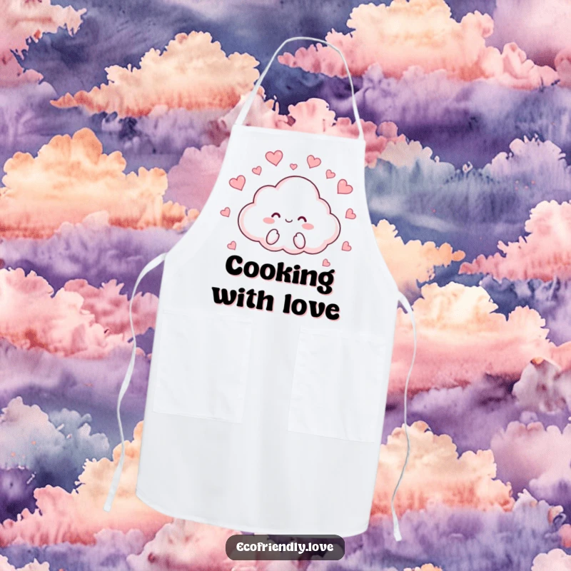 Funny apron featuring a cute cloud character playfully raining tiny red hearts, adding charm and humor to kitchen activities.