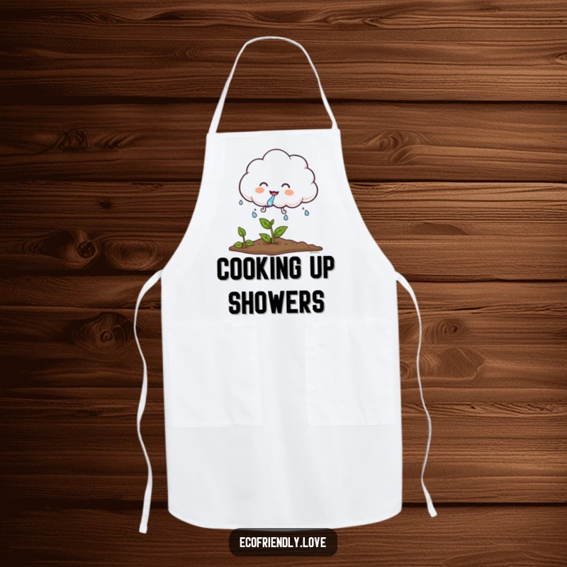 Funny cloud apron with a giggling cloud character sprinkling water droplets onto a growing plant, perfect for kitchen activities with a touch of nature.