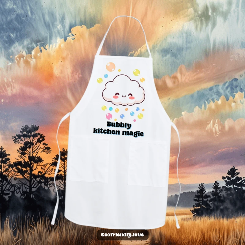 Funny cloud apron showing a smiling character playfully raining colorful bubbles, a funny kitchen gift.