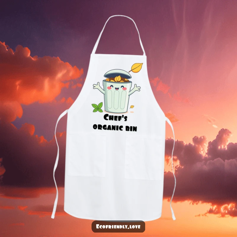 Funny apron depicting a smiling compost bin character with arms wide open to embrace a fallen leaf.