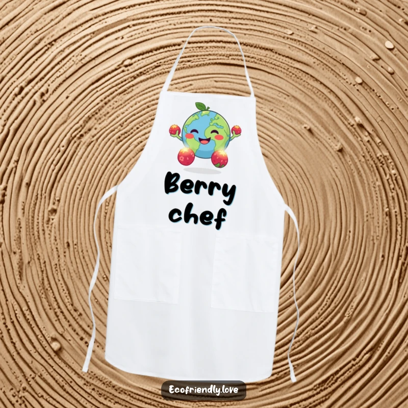 Funny apron of a cheerful planet Earth juggling glowing berries, perfect for kitchen humor and cooking enthusiasts.
