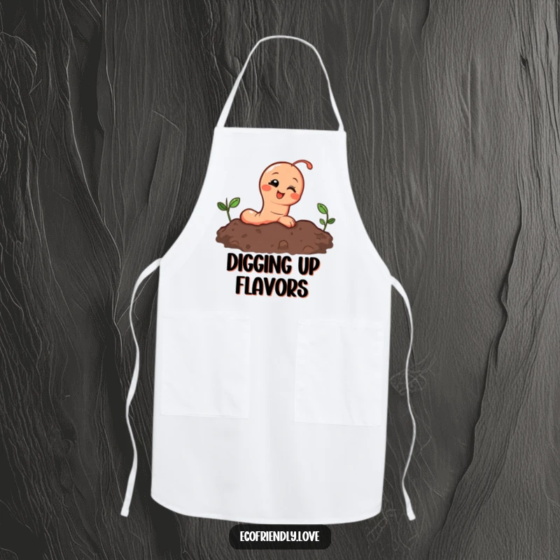 Funny apron featuring a happy earthworm peeking from soil, giggling with joy, perfect for kitchen or garden tasks.