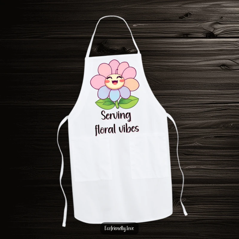 Funny Ecstatic Flower Apron showing a character happily blooming with bright, ecstatic petals, adding cheer to kitchen tasks.