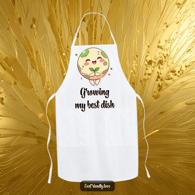 Funny planet apron featuring a happy cartoon Earth character spinning joyfully while holding a small seedling, great for kitchen fun.