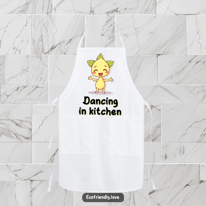 Funny apron featuring a happy sprout character doing an excited dance, adding a touch of cheerful energy to kitchen activities.