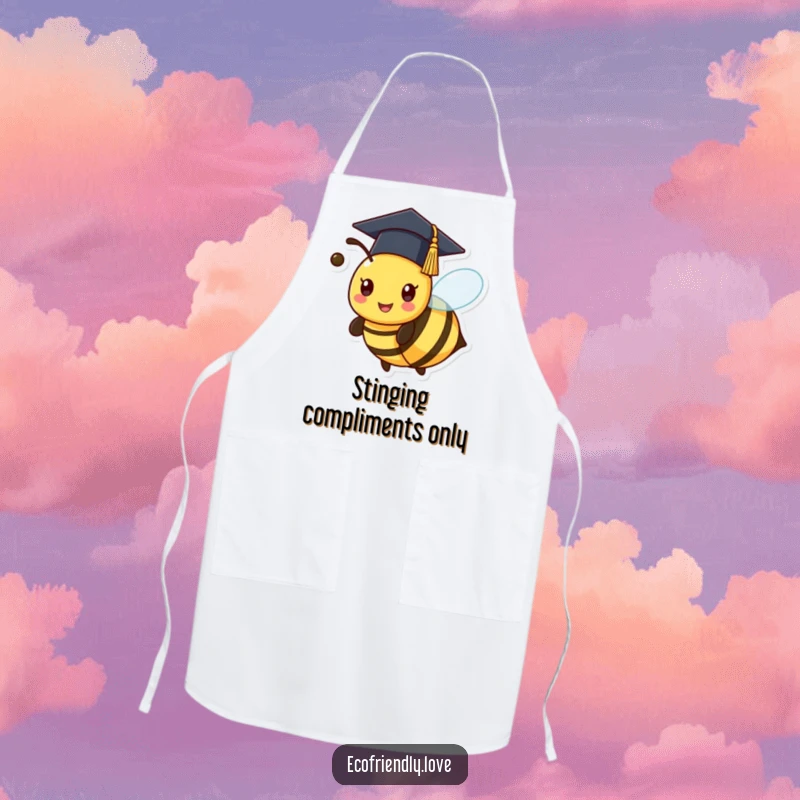 Funny kawaii bee in a graduation cap, buzzing with culinary excitement on an apron, a humorous cooking accessory.
