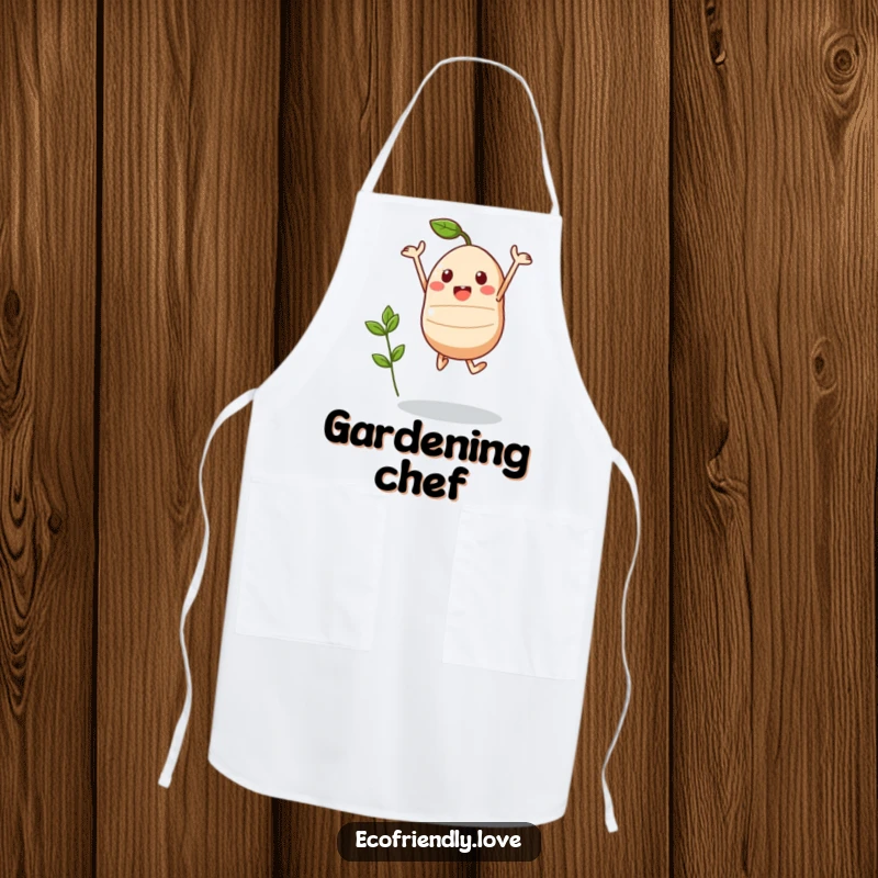 Funny Kawaii Seed Apron: A triumphant seed character jumps with a sprout, adding humor and inspiration to gardening and cooking.
