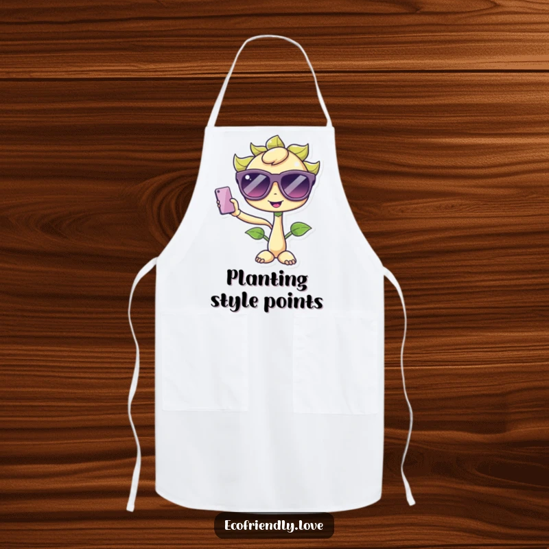Funny Kawaii Sprout Apron: A cute sprout character wearing oversized sunglasses, humorously taking a selfie, functional and fashionable.