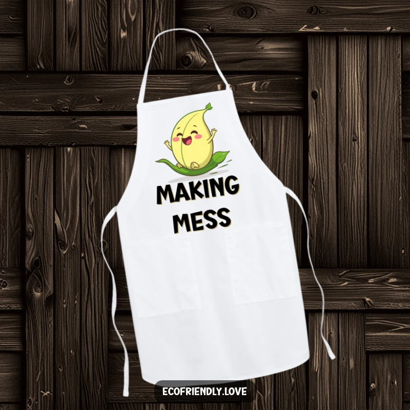 Funny apron showcasing a happy leaf character rolling downhill with great speed and determination, ready for kitchen adventures.