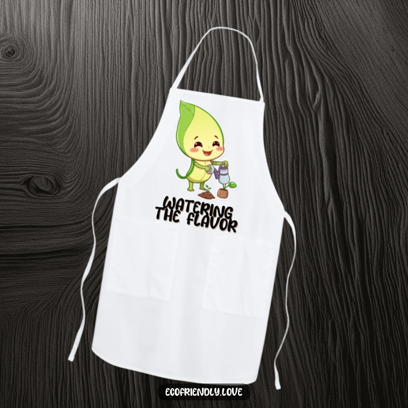Funny apron showcasing a smiling leaf character happily watering a small plant, a whimsical and practical accessory for gardeners.