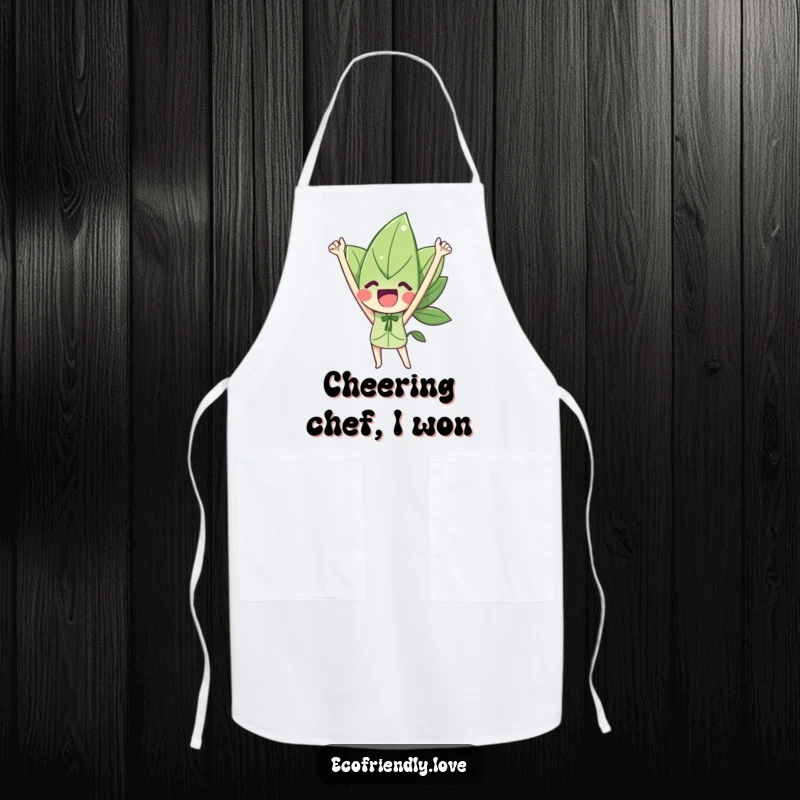 Funny apron with a leaf character celebrating triumphantly with raised arms, perfect for kitchen victories.