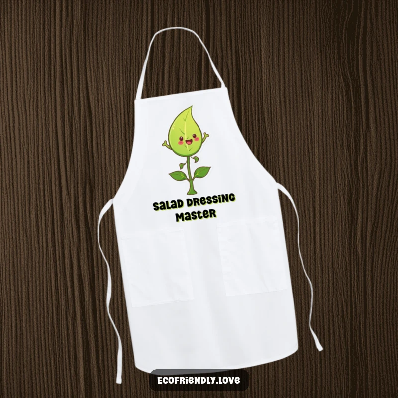 Funny leaf apron with a happy character leaping over a sprout, designed for kitchen fun and protection with a natural, humorous theme.