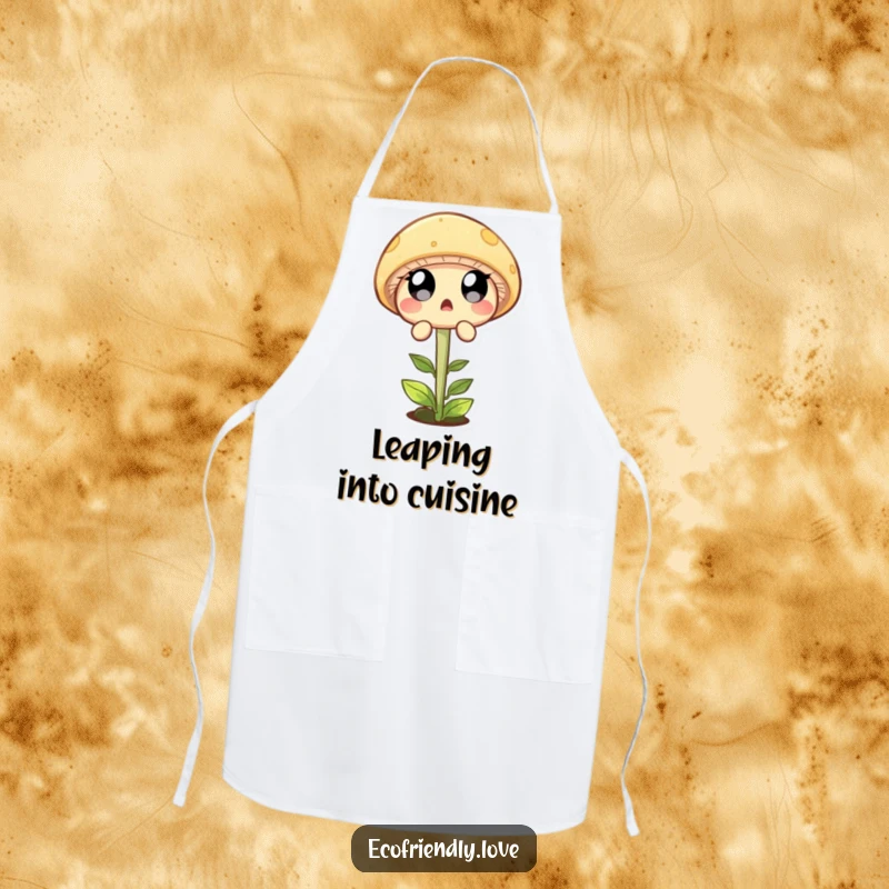 Funny apron with a surprised mushroom character mid-leap over a tiny sprout, ideal for adding humor to cooking tasks.