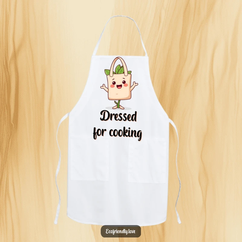 Funny plant tote hat apron showcasing a happy character playfully wearing a reusable tote bag as a hat, perfect for stylish kitchen fun.