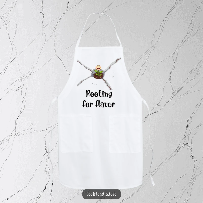 Funny seedling apron showing a joyful plant emerging from concrete, symbolizing creative growth and kitchen resilience.