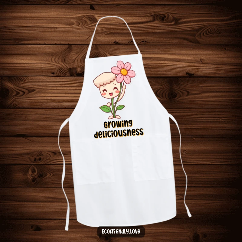 Funny apron with a proud seedling character holding a blooming flower, perfect for a gardener. A charming and practical gift.