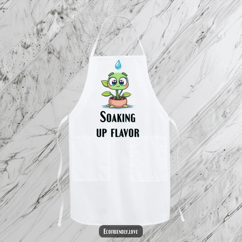 Funny apron featuring a wide-eyed plant seedling character intently soaking up a large water drop, perfect for humorous gardening or kitchen activities.