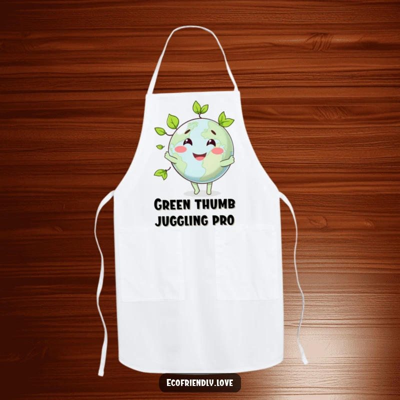 Funny apron with a smiling globe character juggling green leaves, making cooking and cleaning a humorous affair.