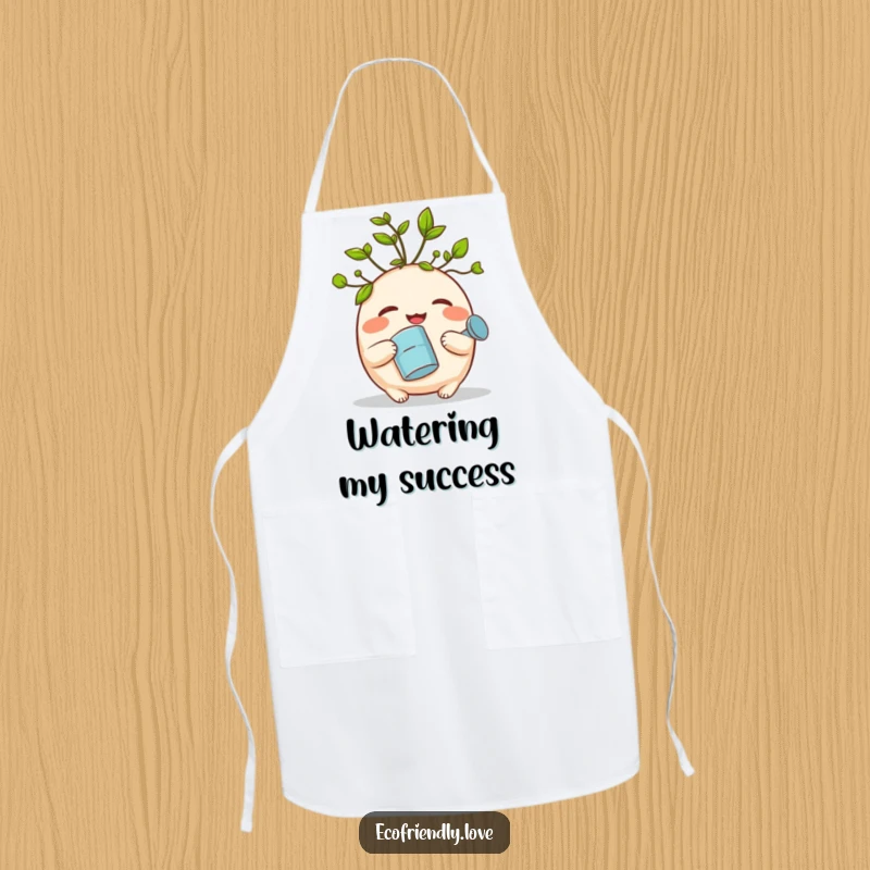 Funny apron featuring a round, giggling sprout with leaf hair, holding a watering can, ideal for kitchen humor and cooking enthusiasts.