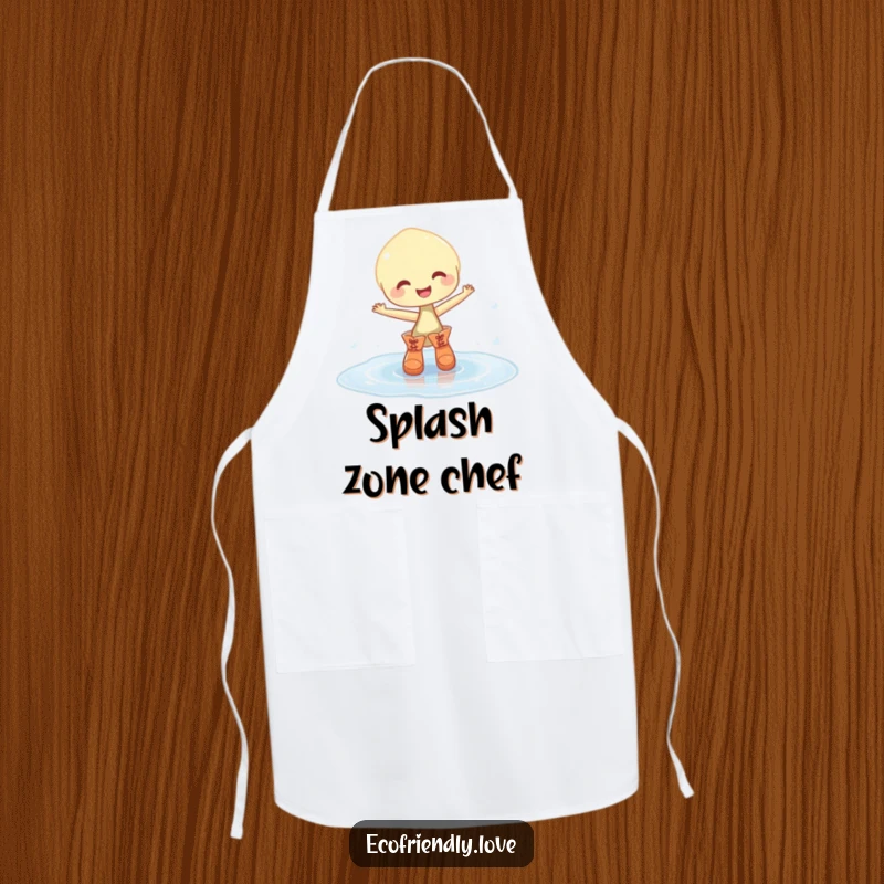 Funny apron of a smiling, plump sprout in small boots dancing energetically in a sparkling puddle, perfect for kitchen humor.