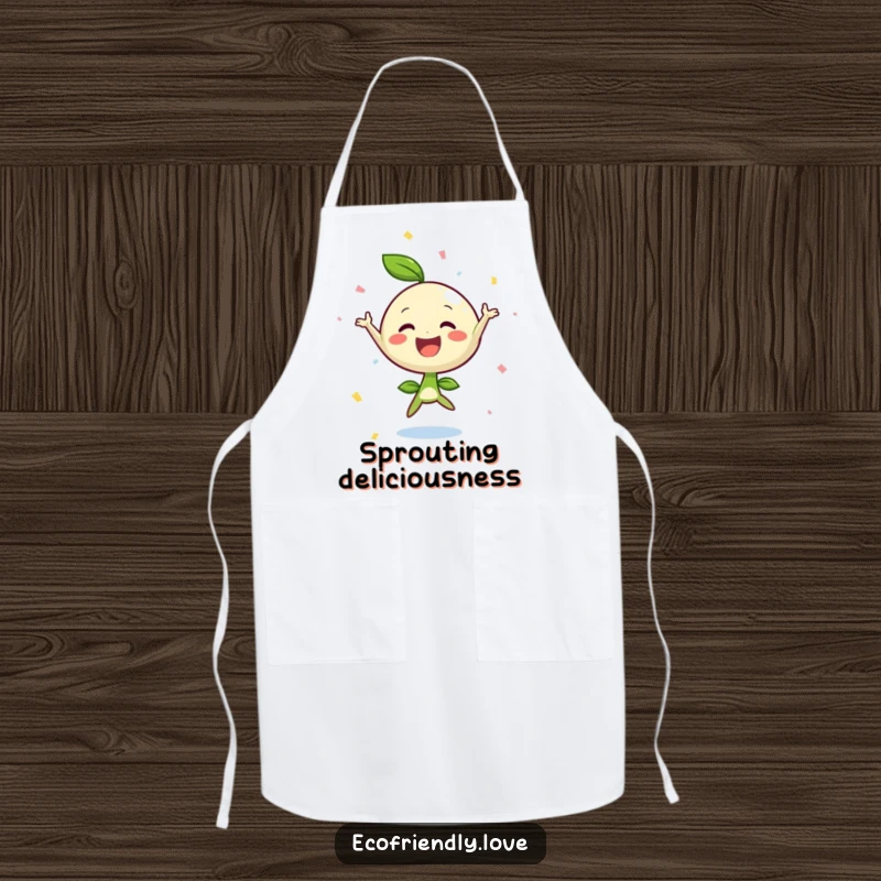 Funny sprout apron, jumping with joy and confetti, a playful addition to cooking, ideal funny gift.