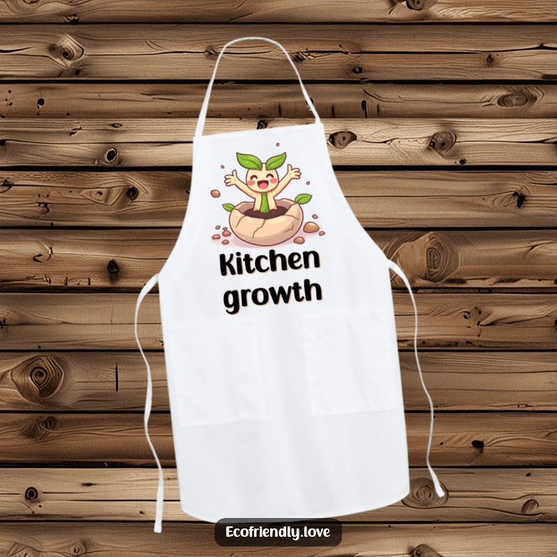 Funny apron with a small sprout character bursting from a seed in happy surprise, great for cooks.
