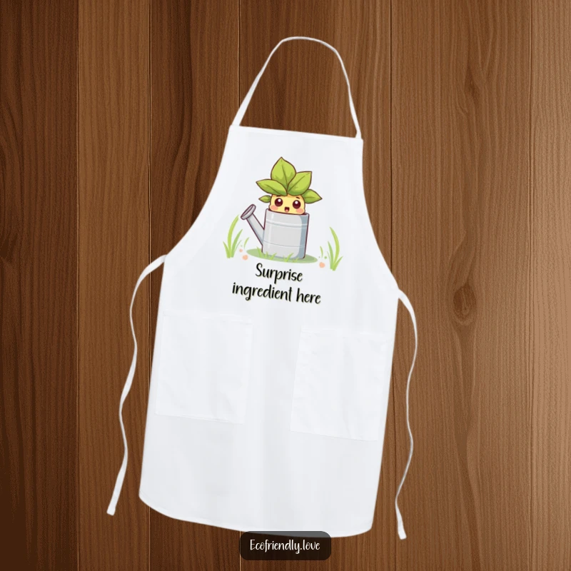 Funny apron showcasing a sprout peeking in surprise from a watering can, ideal for kitchen tasks with a humorous garden theme.