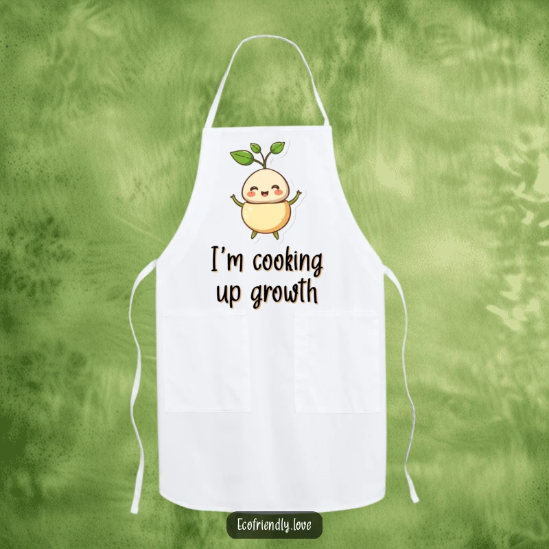 Funny apron depicting a smiling seed character bursting open, a sprout emerging, ideal for a humorous cooking experience.
