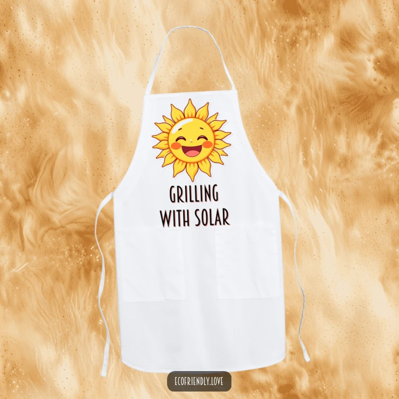 Funny sun character beaming with a wide, delighted grin, on a practical apron for humorous kitchen activities.