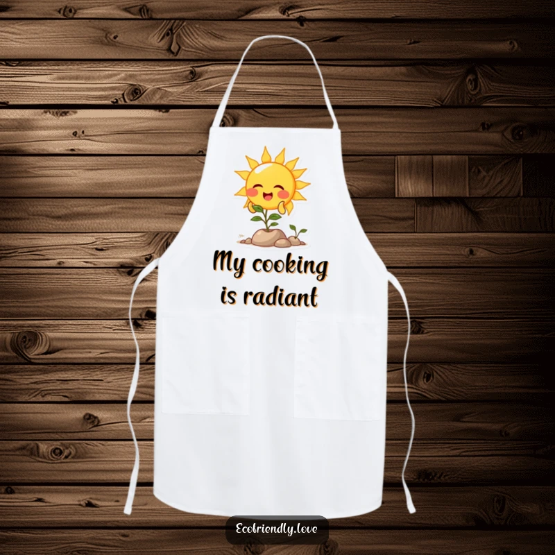 Funny apron with a giggling sun character bathing a plant in light, perfect for cooking with laughter and a sunny theme.
