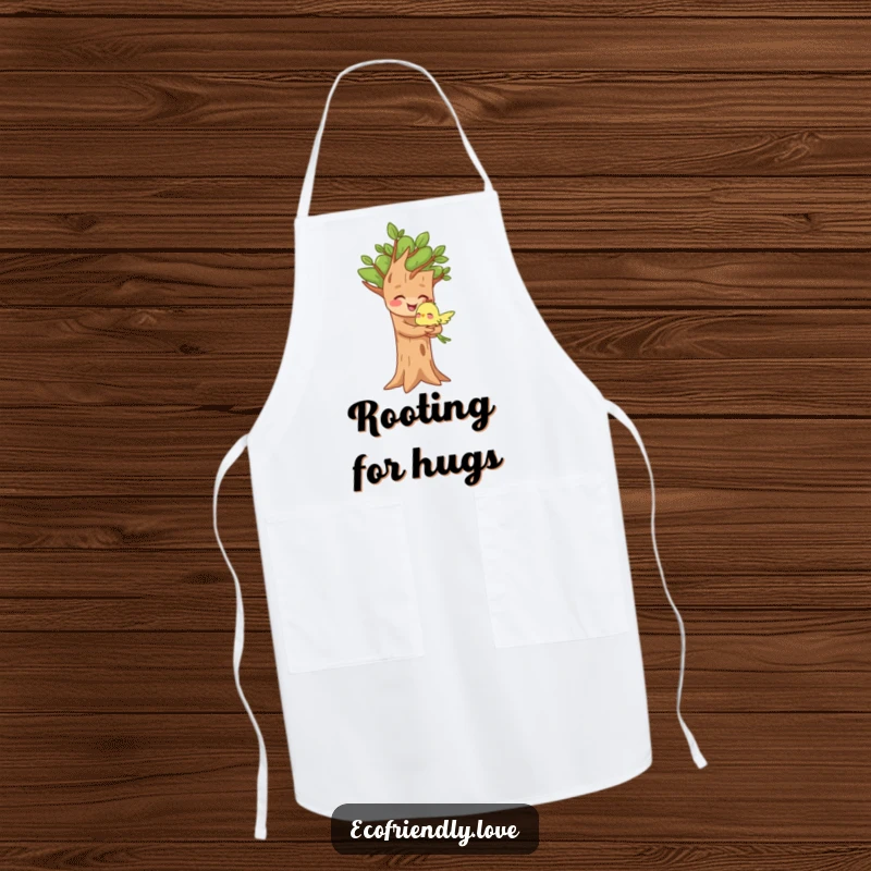 Funny apron featuring a joyful tree character hugging a small bird, a heartwarming and protective accessory for any activity.