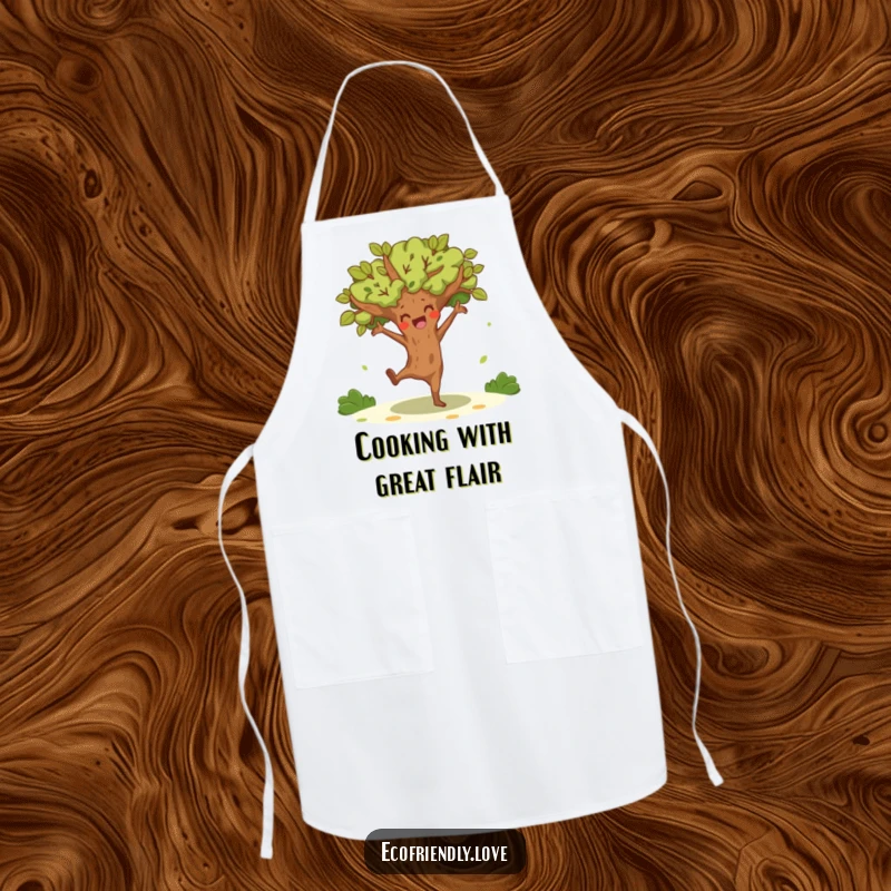 Funny tree character doing a joyful, energetic dance, on a practical apron for humorous culinary activities.