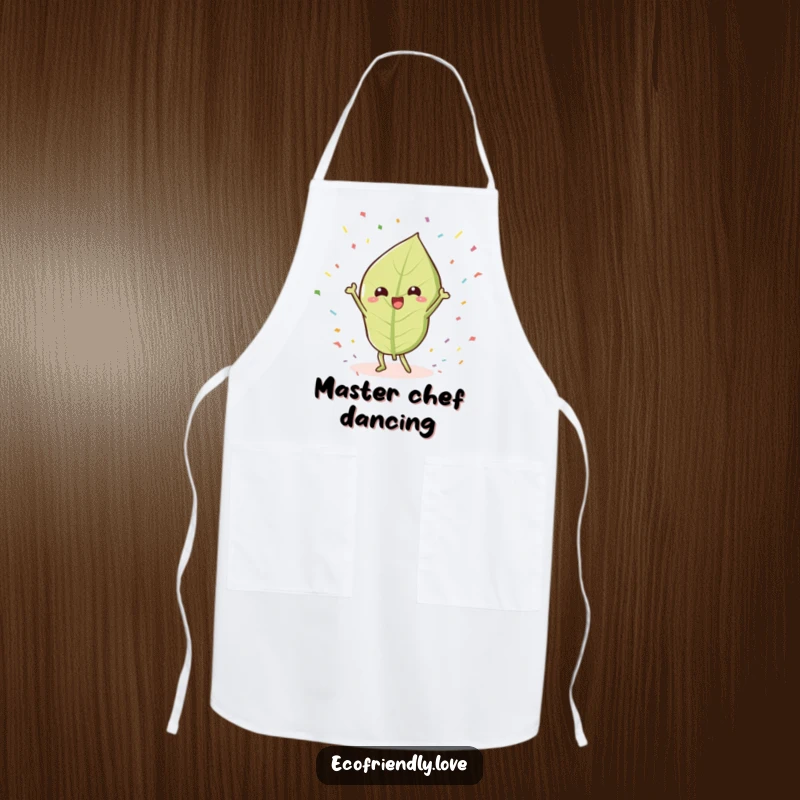 Funny Leaf Apron: A kawaii leaf character humorously doing a victory dance surrounded by confetti, perfect for festive cooking.