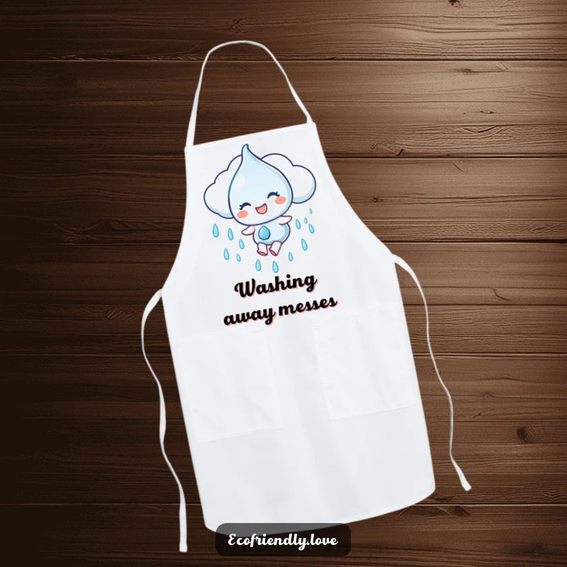 Funny Apron: A water droplet character gleefully slides down a rain cloud, making kitchen tasks fun and refreshing, a perfect funny gift.